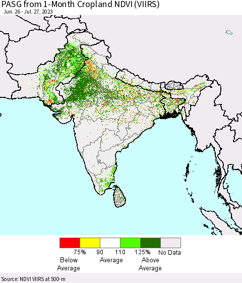 Southern Asia PASG from 1-Month Cropland NDVI (VIIRS) Thematic Map For 7/20/2023 - 7/27/2023