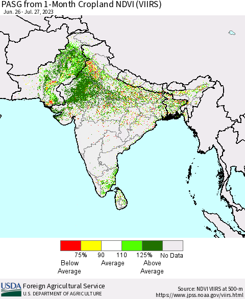Southern Asia PASG from 1-Month Cropland NDVI (VIIRS) Thematic Map For 7/21/2023 - 7/31/2023