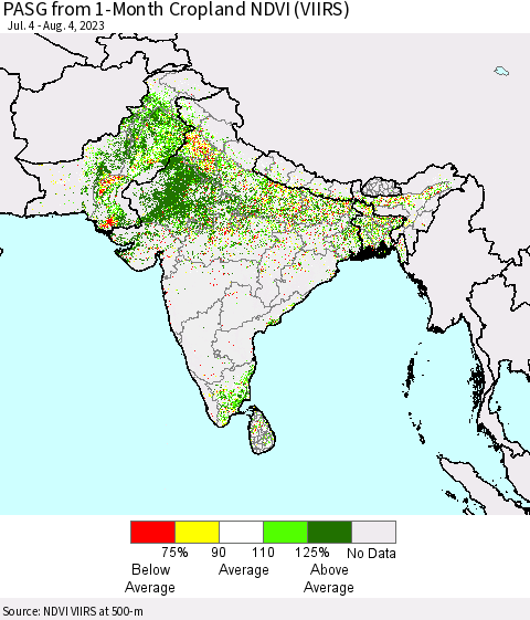 Southern Asia PASG from 1-Month Cropland NDVI (VIIRS) Thematic Map For 7/28/2023 - 8/4/2023