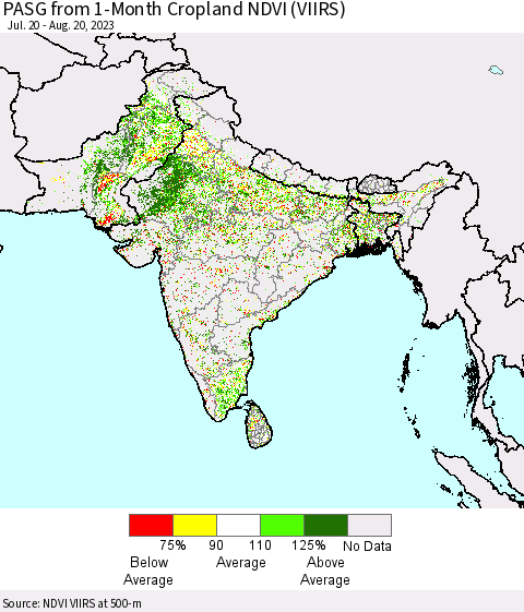 Southern Asia PASG from 1-Month Cropland NDVI (VIIRS) Thematic Map For 8/11/2023 - 8/20/2023