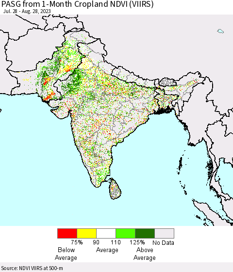 Southern Asia PASG from 1-Month Cropland NDVI (VIIRS) Thematic Map For 8/21/2023 - 8/28/2023