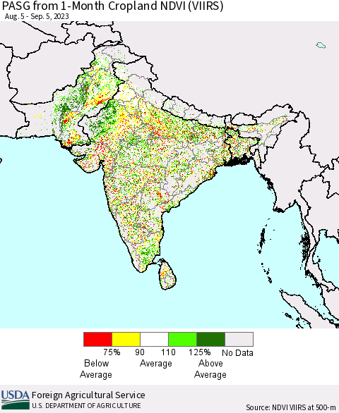 Southern Asia PASG from 1-Month Cropland NDVI (VIIRS) Thematic Map For 9/1/2023 - 9/10/2023