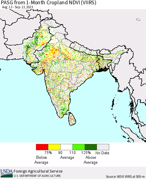 Southern Asia PASG from 1-Month Cropland NDVI (VIIRS) Thematic Map For 9/11/2023 - 9/20/2023