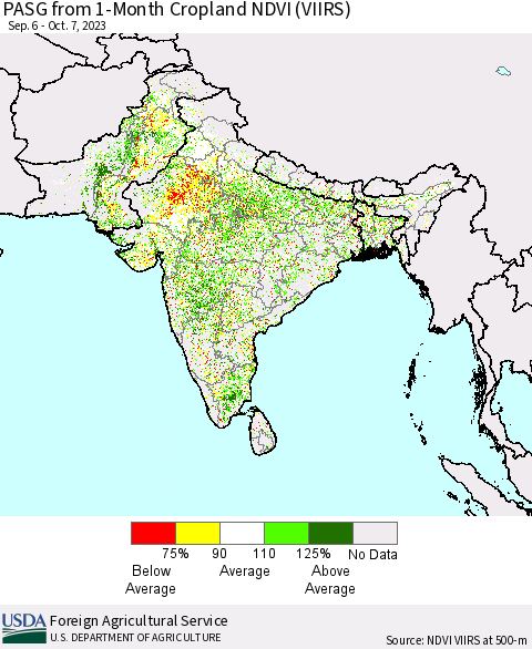 Southern Asia PASG from 1-Month Cropland NDVI (VIIRS) Thematic Map For 10/1/2023 - 10/10/2023