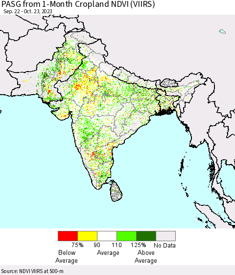 Southern Asia PASG from 1-Month Cropland NDVI (VIIRS) Thematic Map For 10/16/2023 - 10/23/2023