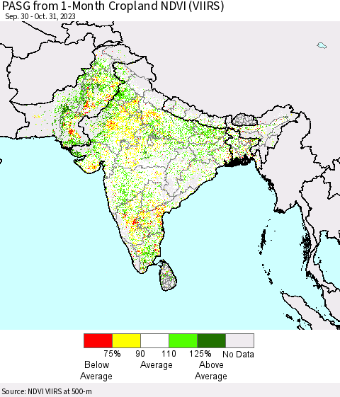 Southern Asia PASG from 1-Month Cropland NDVI (VIIRS) Thematic Map For 10/21/2023 - 10/31/2023