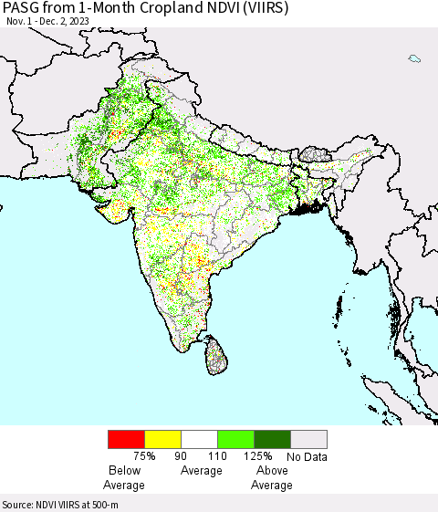 Southern Asia PASG from 1-Month Cropland NDVI (VIIRS) Thematic Map For 11/25/2023 - 12/2/2023