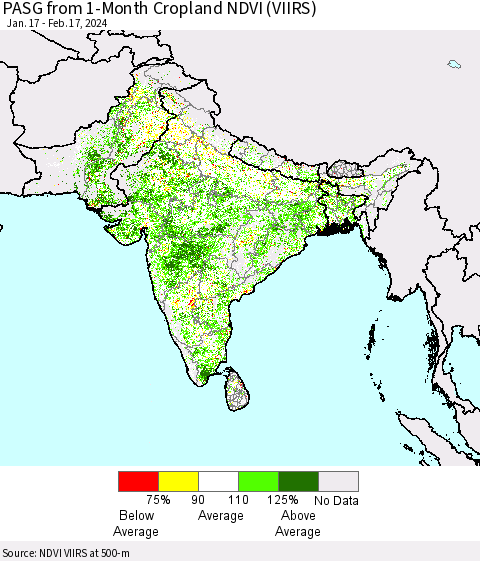 Southern Asia PASG from 1-Month Cropland NDVI (VIIRS) Thematic Map For 2/10/2024 - 2/17/2024