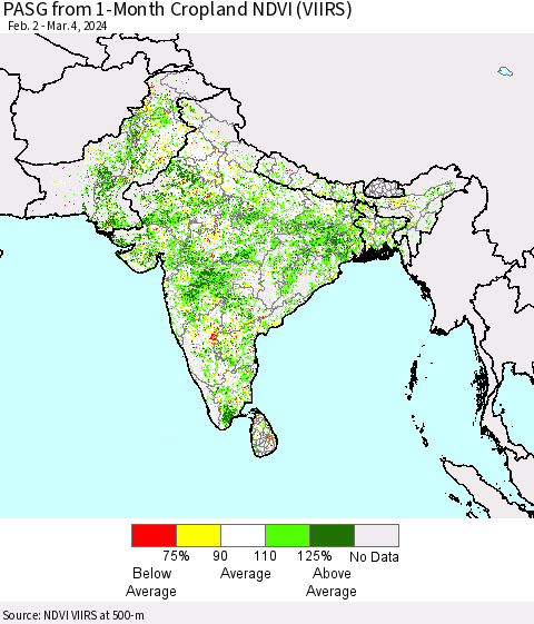 Southern Asia PASG from 1-Month Cropland NDVI (VIIRS) Thematic Map For 2/26/2024 - 3/4/2024