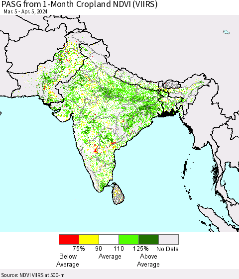 Southern Asia PASG from 1-Month Cropland NDVI (VIIRS) Thematic Map For 3/29/2024 - 4/5/2024