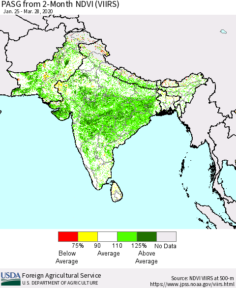 Southern Asia PASG from 2-Month NDVI (VIIRS) Thematic Map For 3/21/2020 - 3/31/2020