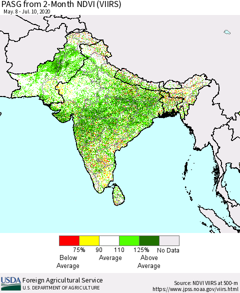 Southern Asia PASG from 2-Month NDVI (VIIRS) Thematic Map For 7/1/2020 - 7/10/2020
