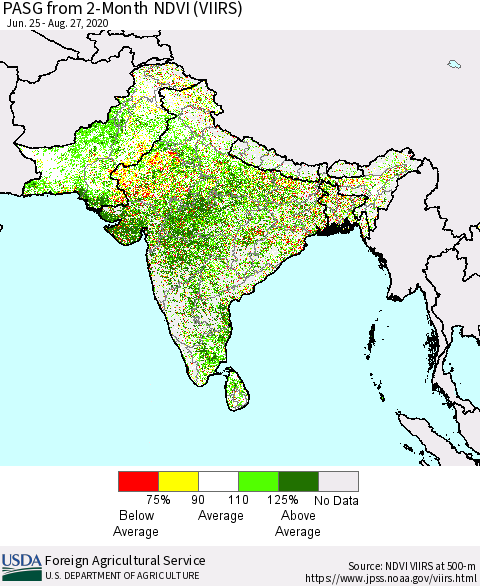 Southern Asia PASG from 2-Month NDVI (VIIRS) Thematic Map For 8/21/2020 - 8/31/2020
