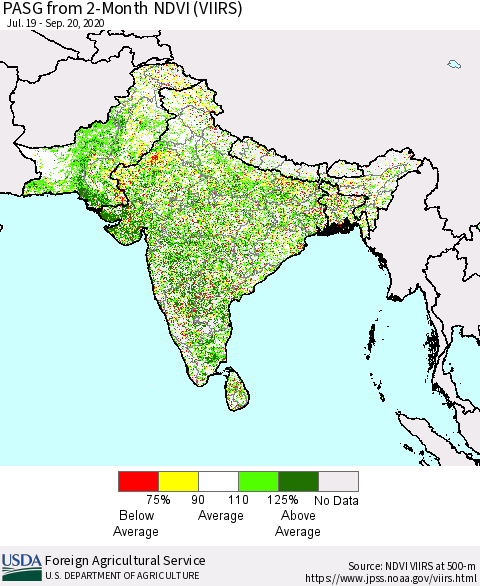 Southern Asia PASG from 2-Month NDVI (VIIRS) Thematic Map For 9/11/2020 - 9/20/2020