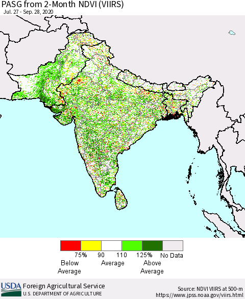 Southern Asia PASG from 2-Month NDVI (VIIRS) Thematic Map For 9/21/2020 - 9/30/2020