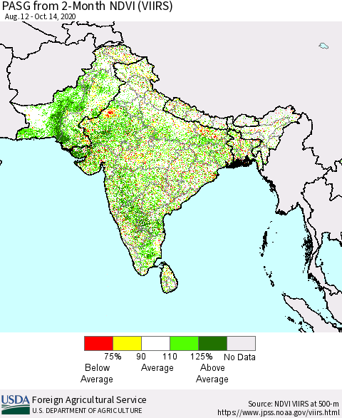 Southern Asia PASG from 2-Month NDVI (VIIRS) Thematic Map For 10/11/2020 - 10/20/2020