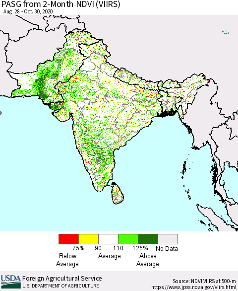 Southern Asia PASG from 2-Month NDVI (VIIRS) Thematic Map For 10/21/2020 - 10/31/2020