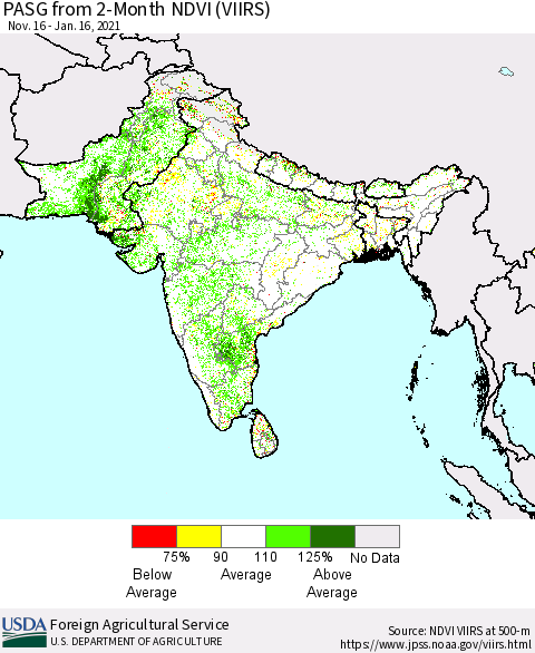 Southern Asia PASG from 2-Month NDVI (VIIRS) Thematic Map For 1/11/2021 - 1/20/2021