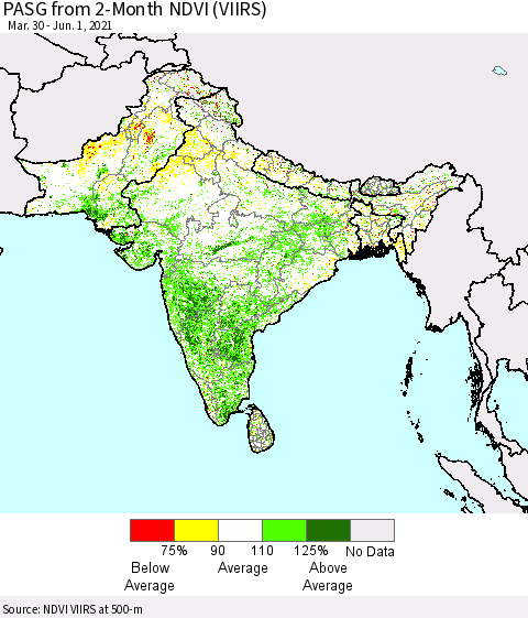 Southern Asia PASG from 2-Month NDVI (VIIRS) Thematic Map For 5/25/2021 - 6/1/2021