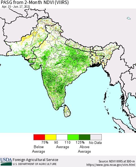 Southern Asia PASG from 2-Month NDVI (VIIRS) Thematic Map For 6/11/2021 - 6/20/2021