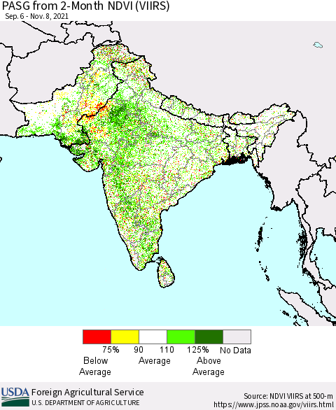 Southern Asia PASG from 2-Month NDVI (VIIRS) Thematic Map For 11/1/2021 - 11/10/2021