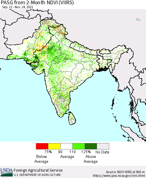 Southern Asia PASG from 2-Month NDVI (VIIRS) Thematic Map For 11/21/2021 - 11/30/2021