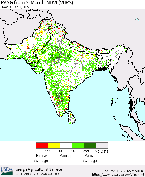 Southern Asia PASG from 2-Month NDVI (VIIRS) Thematic Map For 1/1/2022 - 1/10/2022
