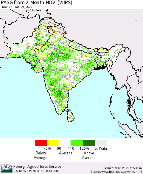 Southern Asia PASG from 2-Month NDVI (VIIRS) Thematic Map For 1/21/2022 - 1/31/2022