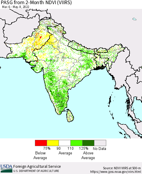 Southern Asia PASG from 2-Month NDVI (VIIRS) Thematic Map For 5/1/2022 - 5/10/2022