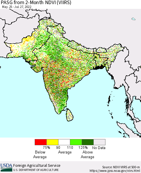Southern Asia PASG from 2-Month NDVI (VIIRS) Thematic Map For 7/21/2022 - 7/31/2022