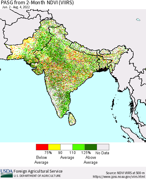 Southern Asia PASG from 2-Month NDVI (VIIRS) Thematic Map For 8/1/2022 - 8/10/2022
