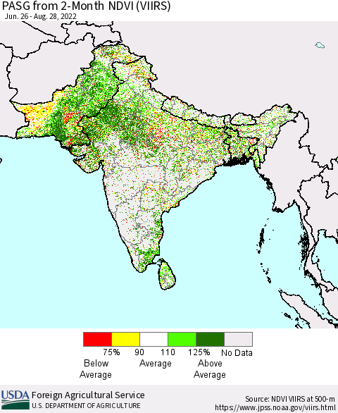 Southern Asia PASG from 2-Month NDVI (VIIRS) Thematic Map For 8/21/2022 - 8/31/2022