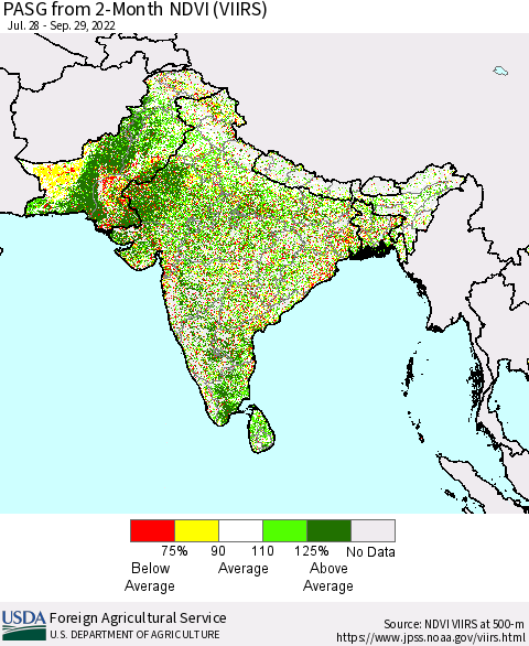 Southern Asia PASG from 2-Month NDVI (VIIRS) Thematic Map For 9/21/2022 - 9/30/2022