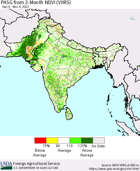 Southern Asia PASG from 2-Month NDVI (VIIRS) Thematic Map For 11/1/2022 - 11/10/2022