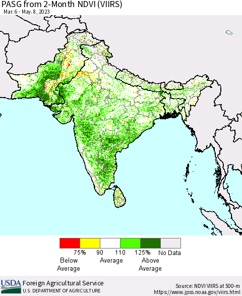 Southern Asia PASG from 2-Month NDVI (VIIRS) Thematic Map For 5/1/2023 - 5/10/2023