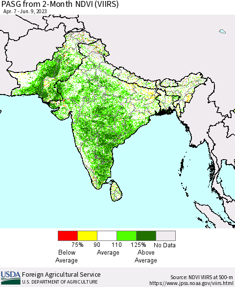 Southern Asia PASG from 2-Month NDVI (VIIRS) Thematic Map For 6/1/2023 - 6/10/2023
