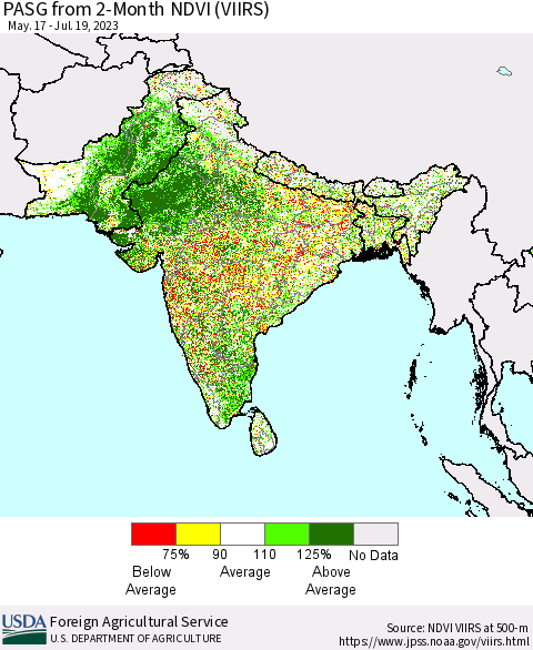 Southern Asia PASG from 2-Month NDVI (VIIRS) Thematic Map For 7/11/2023 - 7/20/2023