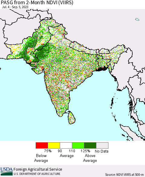 Southern Asia PASG from 2-Month NDVI (VIIRS) Thematic Map For 9/1/2023 - 9/10/2023