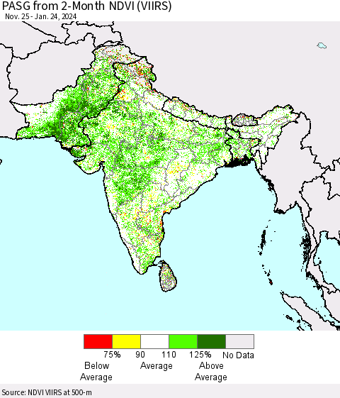 Southern Asia PASG from 2-Month NDVI (VIIRS) Thematic Map For 1/17/2024 - 1/24/2024