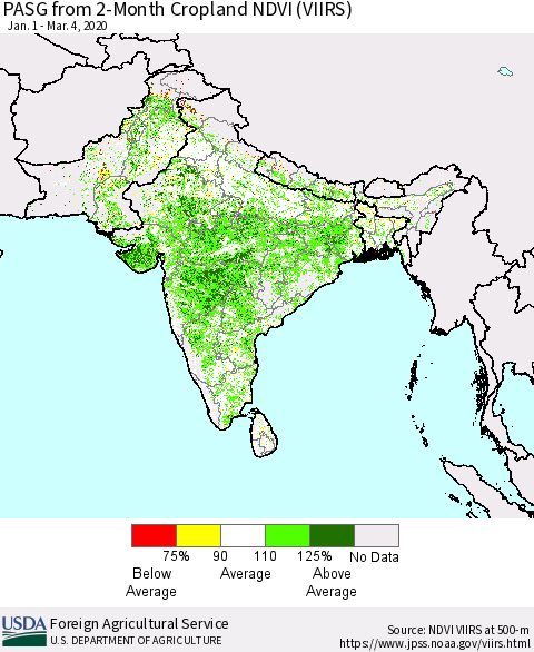 Southern Asia PASG from 2-Month Cropland NDVI (VIIRS) Thematic Map For 3/1/2020 - 3/10/2020