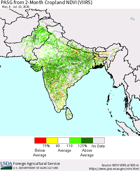 Southern Asia PASG from 2-Month Cropland NDVI (VIIRS) Thematic Map For 7/1/2020 - 7/10/2020