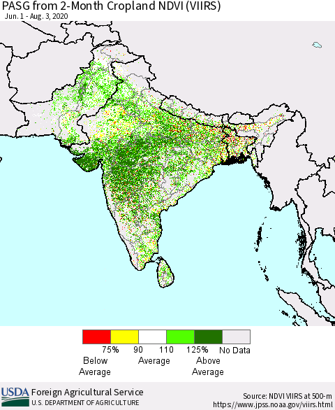 Southern Asia PASG from 2-Month Cropland NDVI (VIIRS) Thematic Map For 8/1/2020 - 8/10/2020