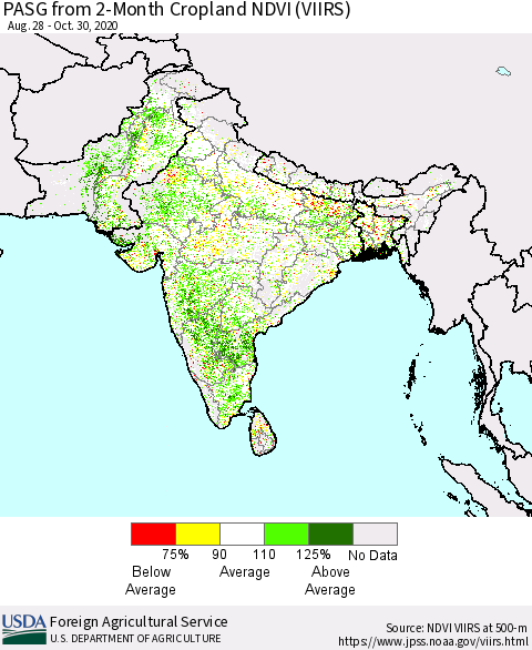 Southern Asia PASG from 2-Month Cropland NDVI (VIIRS) Thematic Map For 10/21/2020 - 10/31/2020