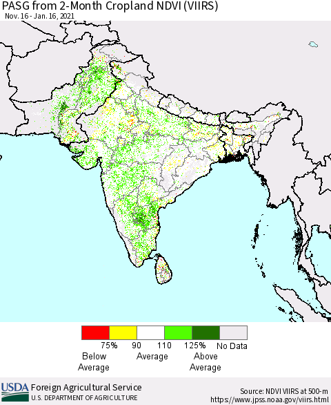 Southern Asia PASG from 2-Month Cropland NDVI (VIIRS) Thematic Map For 1/11/2021 - 1/20/2021