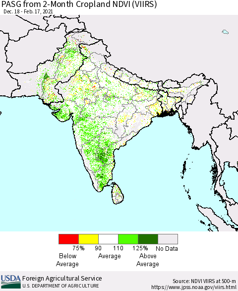 Southern Asia PASG from 2-Month Cropland NDVI (VIIRS) Thematic Map For 2/11/2021 - 2/20/2021