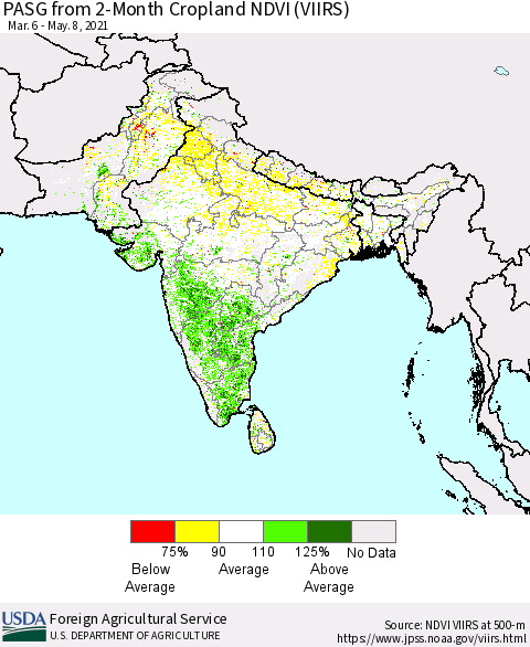 Southern Asia PASG from 2-Month Cropland NDVI (VIIRS) Thematic Map For 5/1/2021 - 5/10/2021