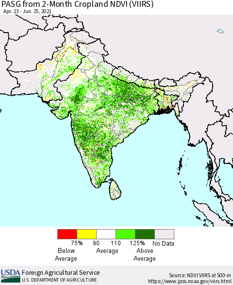 Southern Asia PASG from 2-Month Cropland NDVI (VIIRS) Thematic Map For 6/21/2021 - 6/30/2021