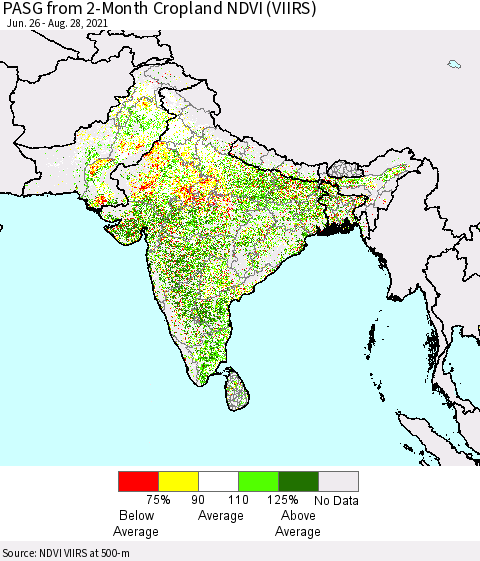 Southern Asia PASG from 2-Month Cropland NDVI (VIIRS) Thematic Map For 8/21/2021 - 8/28/2021