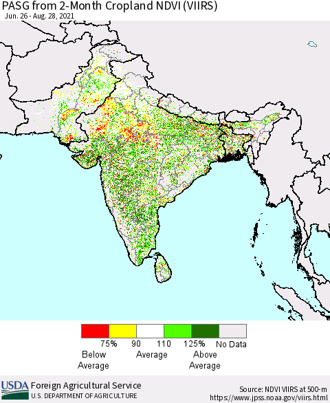 Southern Asia PASG from 2-Month Cropland NDVI (VIIRS) Thematic Map For 8/21/2021 - 8/31/2021