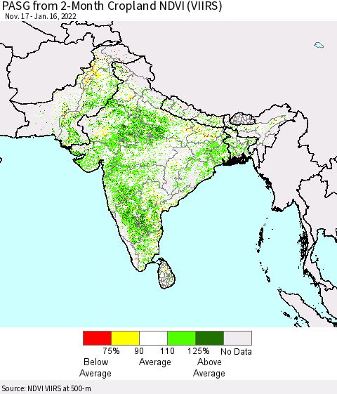Southern Asia PASG from 2-Month Cropland NDVI (VIIRS) Thematic Map For 1/9/2022 - 1/16/2022
